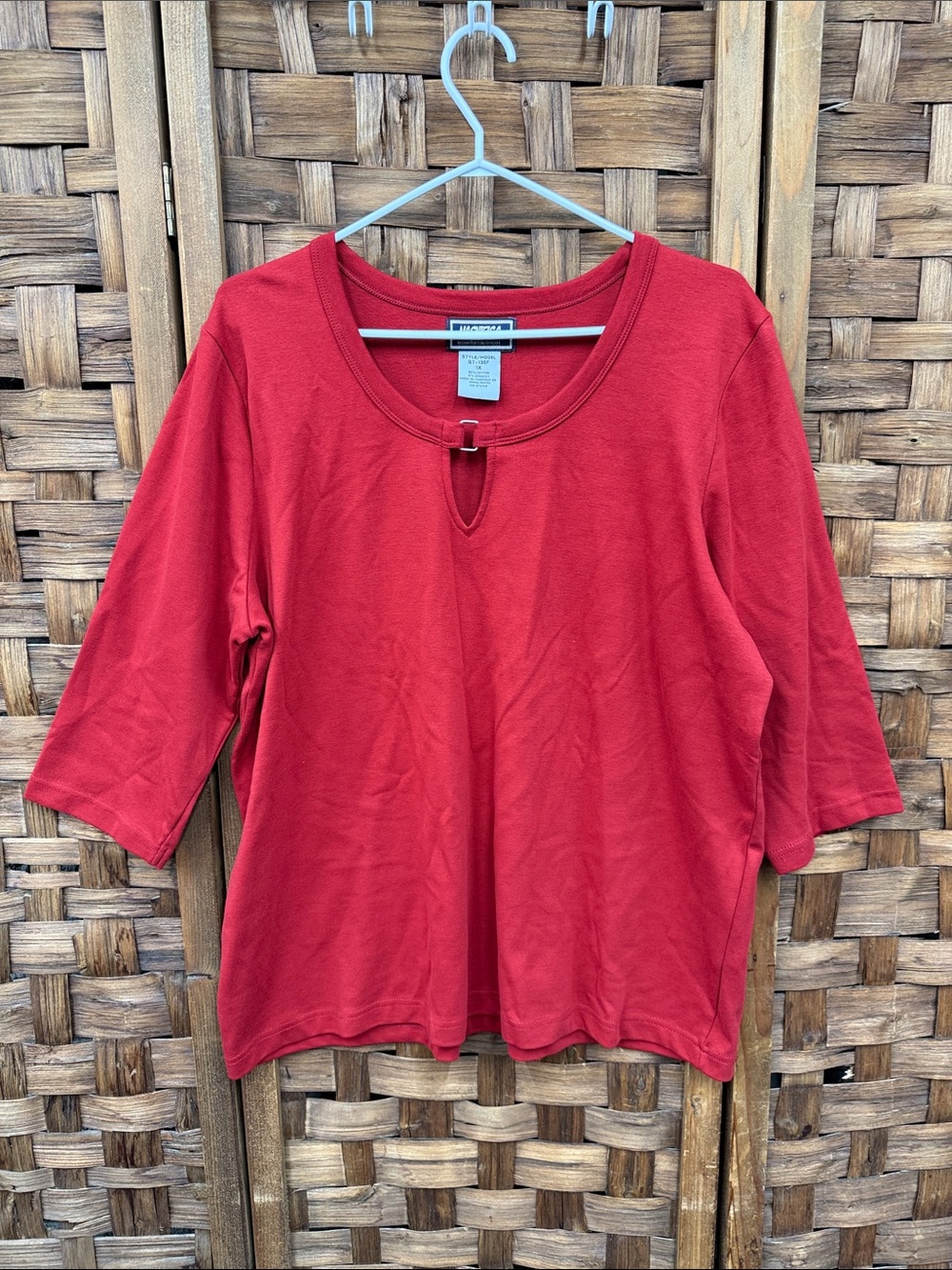 Women's Red Scoop Neck Tee with Keyhole Tab